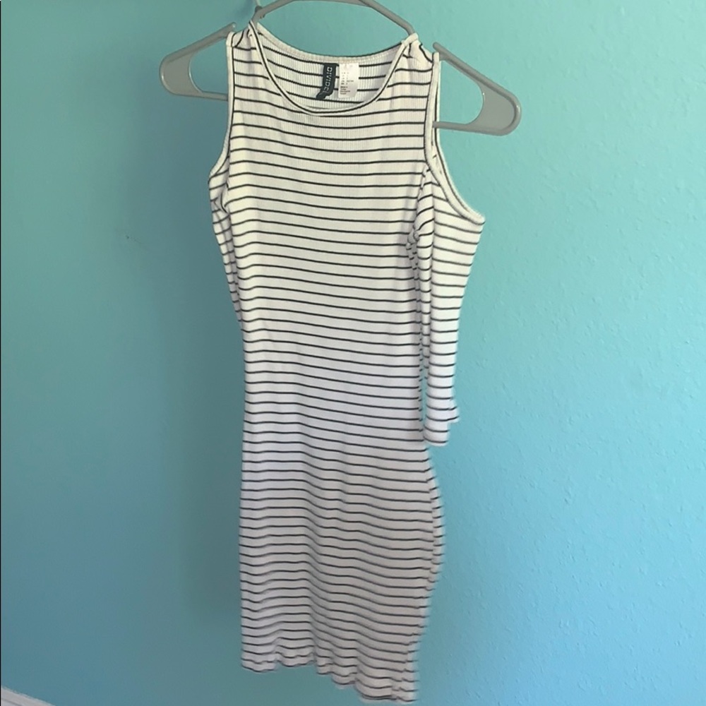 striped pencil dress with open shoulders